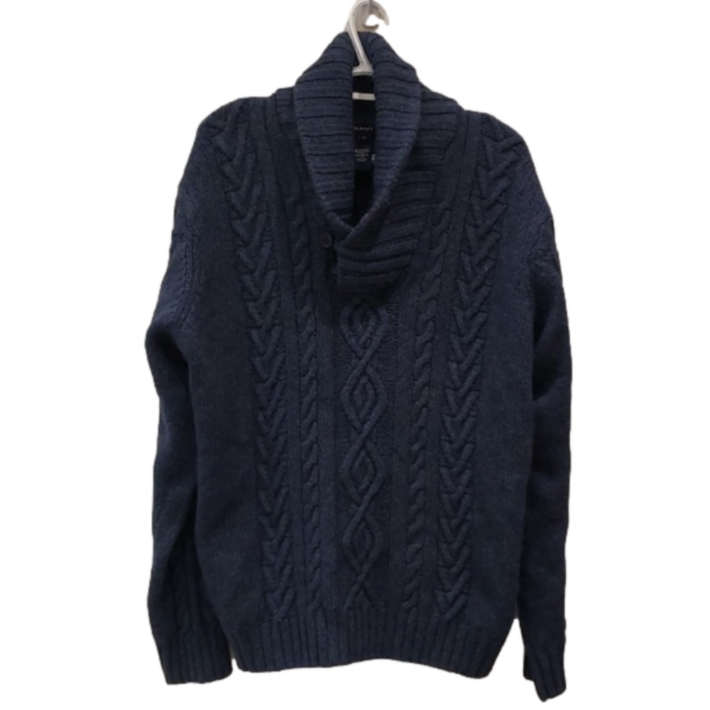 GANT Sweater Shawl Collar Chunky Knit Alpaca/Wool Blend Blue Long Sleeves